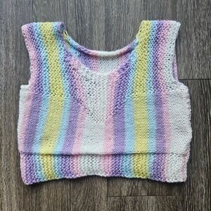 Handmade Knitted Rainbow Striped Knit Cropped Vest Top Women Size Small
